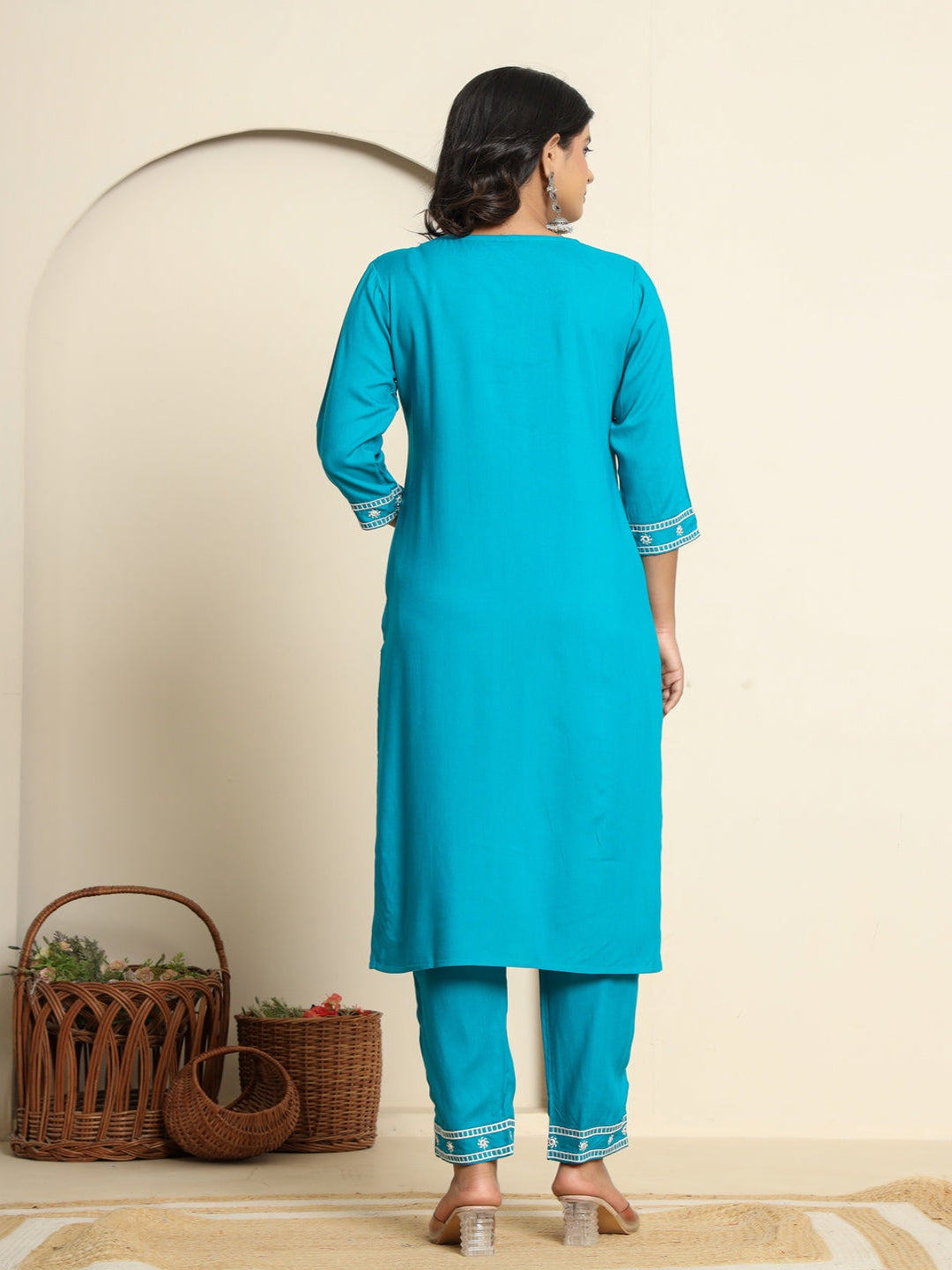 Light blue Royan Straight Kurta with Embroidered V- Nack and Pant with Dupatta 4th