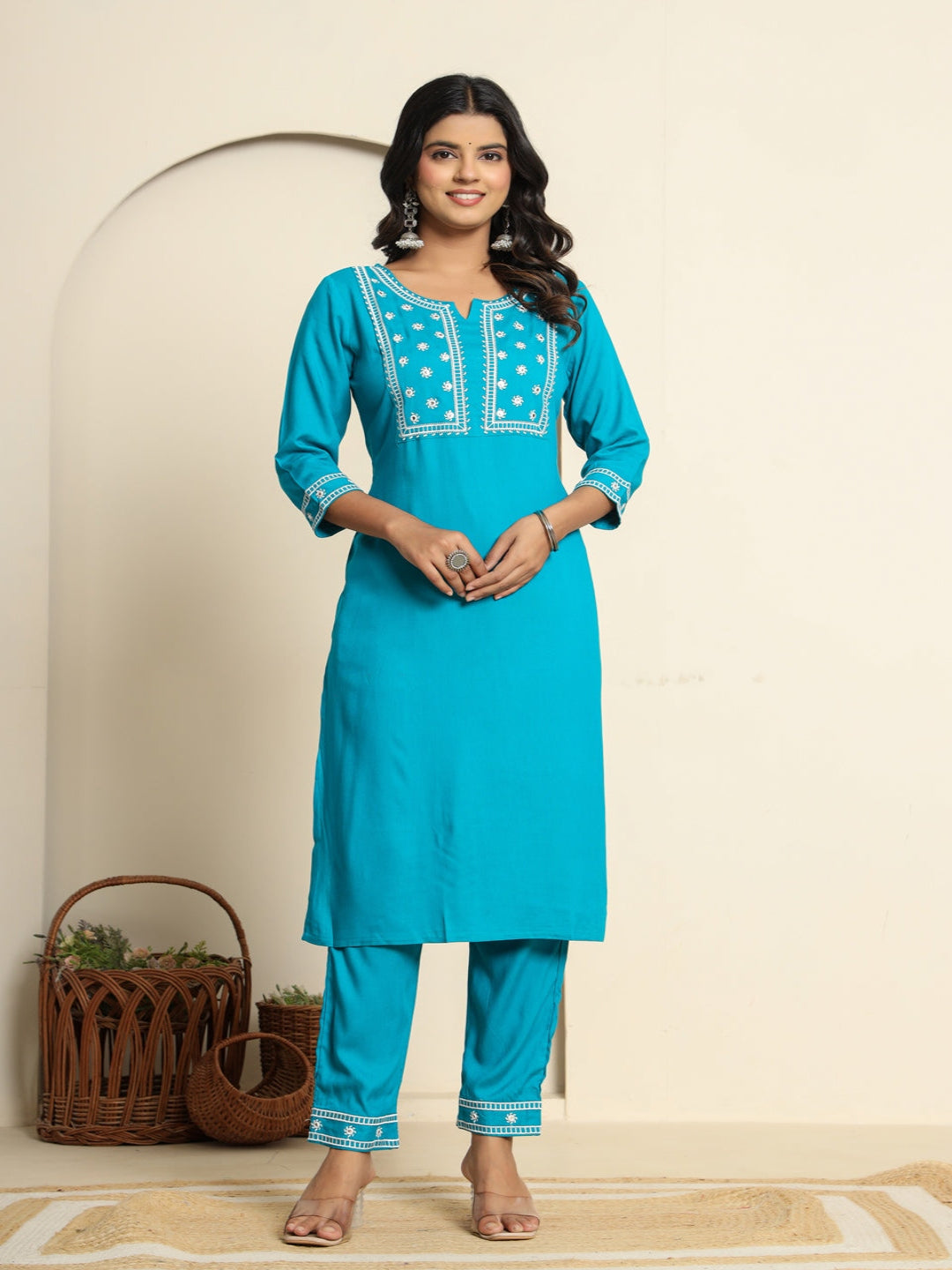 Light blue Royan Straight Kurta with Embroidered V- Nack and Pant with Dupatta 5th