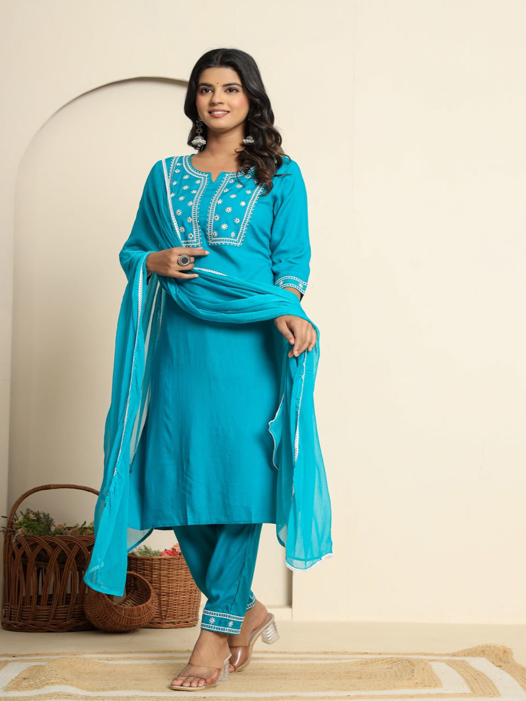 Light blue Royan Straight Kurta with Embroidered V- Nack and Pant with Dupatta 6th