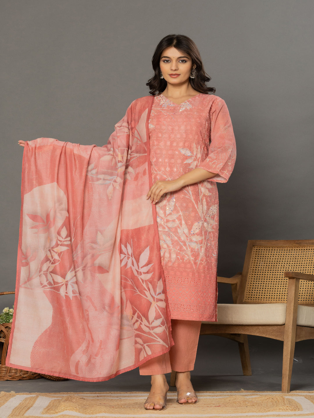 Peach Schiffli Straight Kurta with Embroidered V-Neck and Pant with Dupatta Full Image