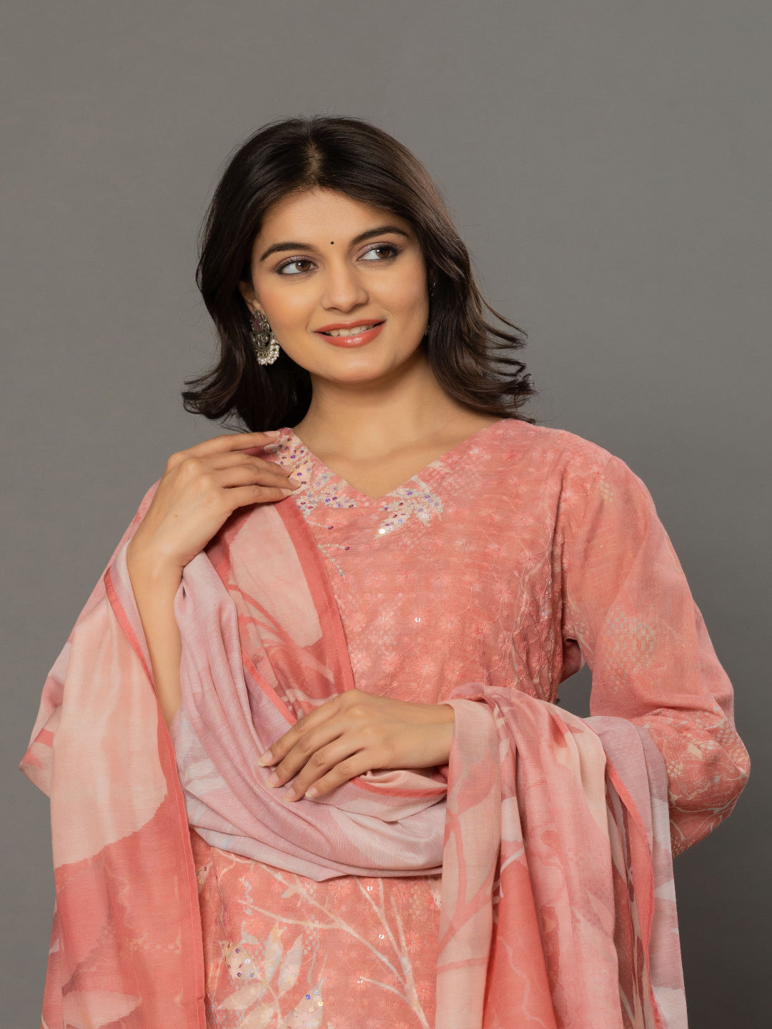 Peach Schiffli Straight Kurta with Embroidered V-Neck and Pant with Dupatta front 2