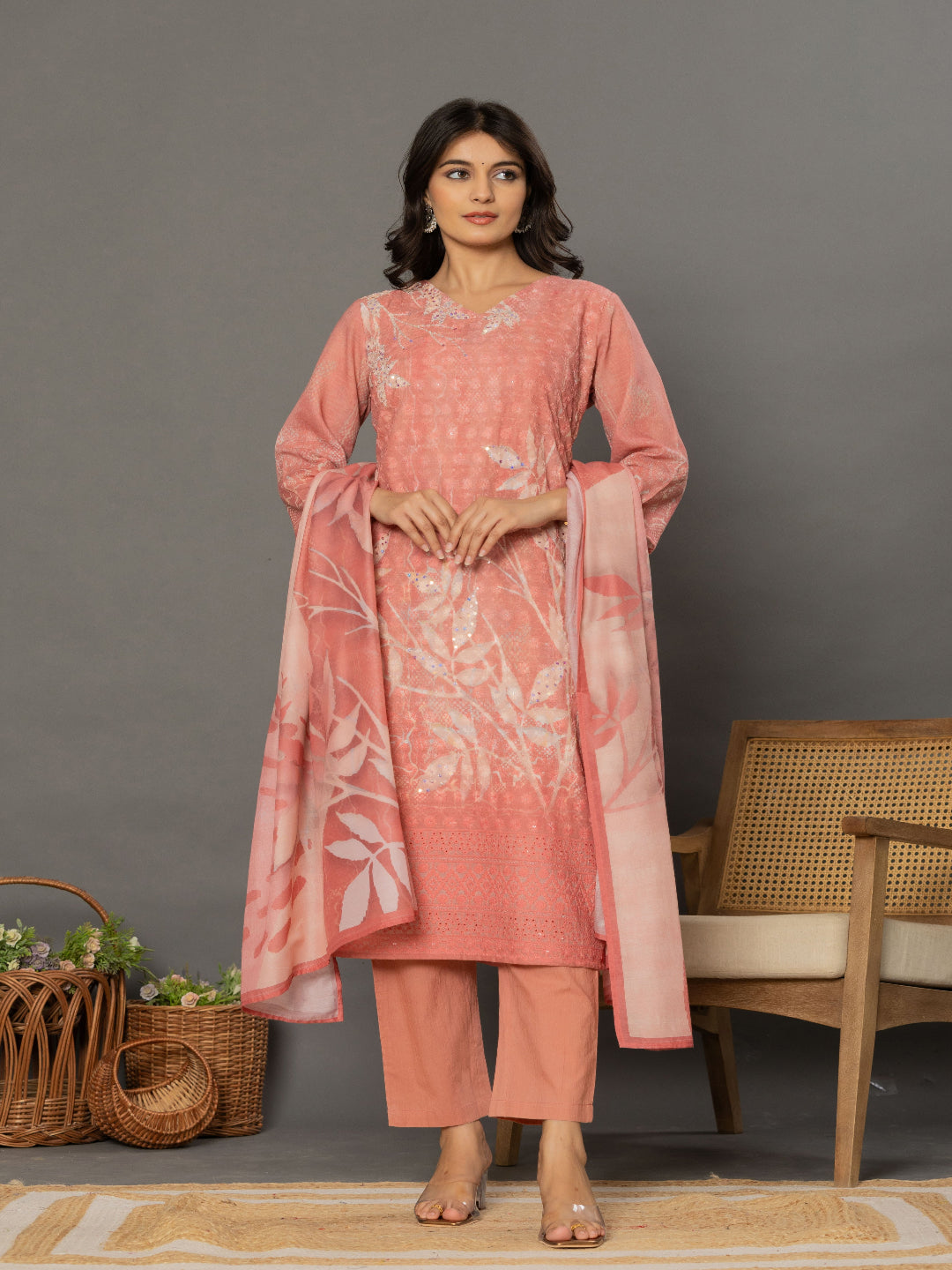 Peach Schiffli Straight Kurta with Embroidered V-Neck and Pant with Dupatta front 3
