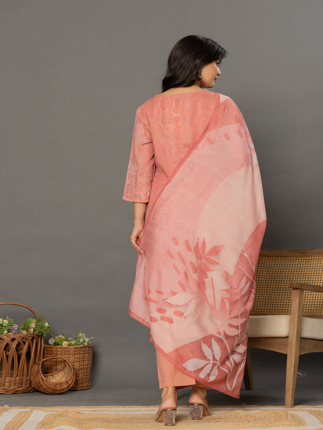 Peach Schiffli Straight Kurta with Embroidered V-Neck and Pant with Dupatta back