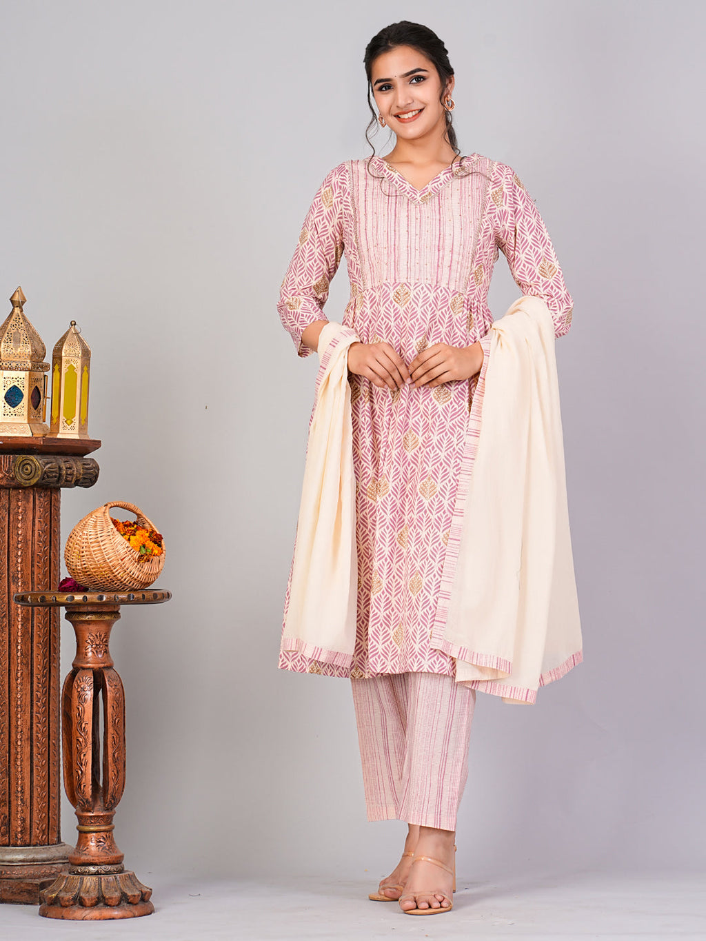  Flamboyant Pink Ethnic Motifs Floral Print Kurta with Trousers & Dupatta By Flamboyant 3 pcs set kurta kurta set Pant Women kurta set
