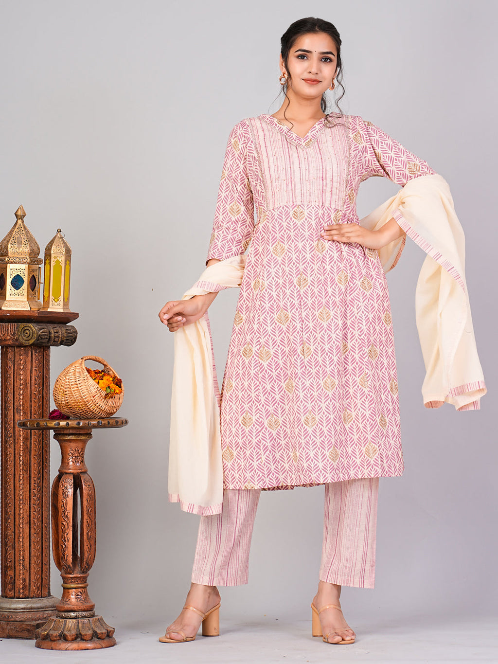  Flamboyant Pink Ethnic Motifs Floral Print Kurta with Trousers & Dupatta By Flamboyant 3 pcs set kurta kurta set Pant Women kurta set