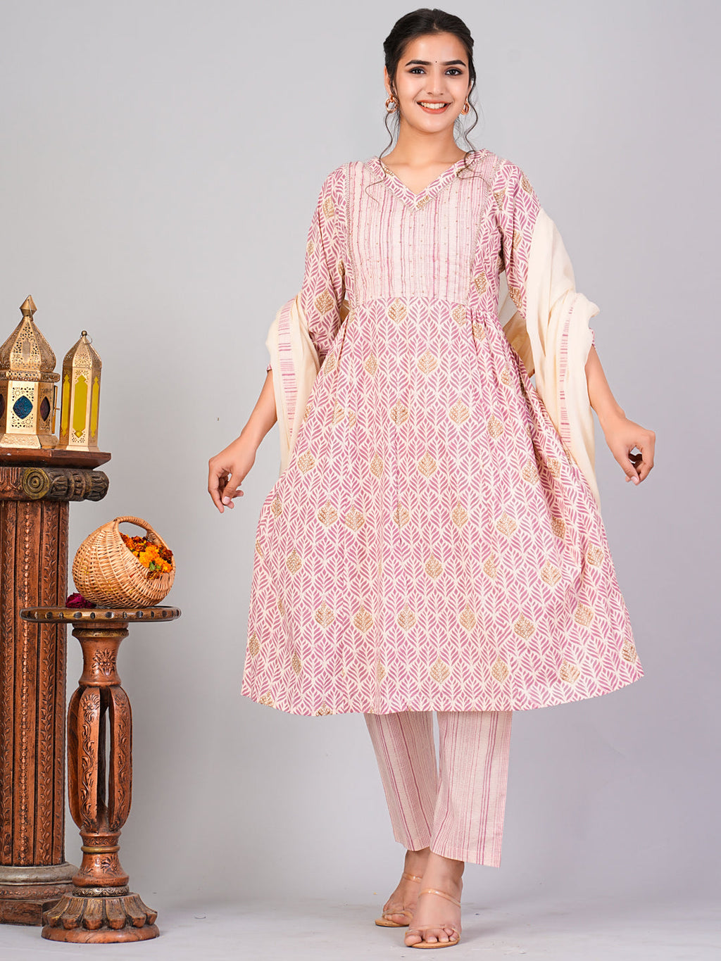  Flamboyant Pink Ethnic Motifs Floral Print Kurta with Trousers & Dupatta By Flamboyant 3 pcs set kurta kurta set Pant Women kurta set
