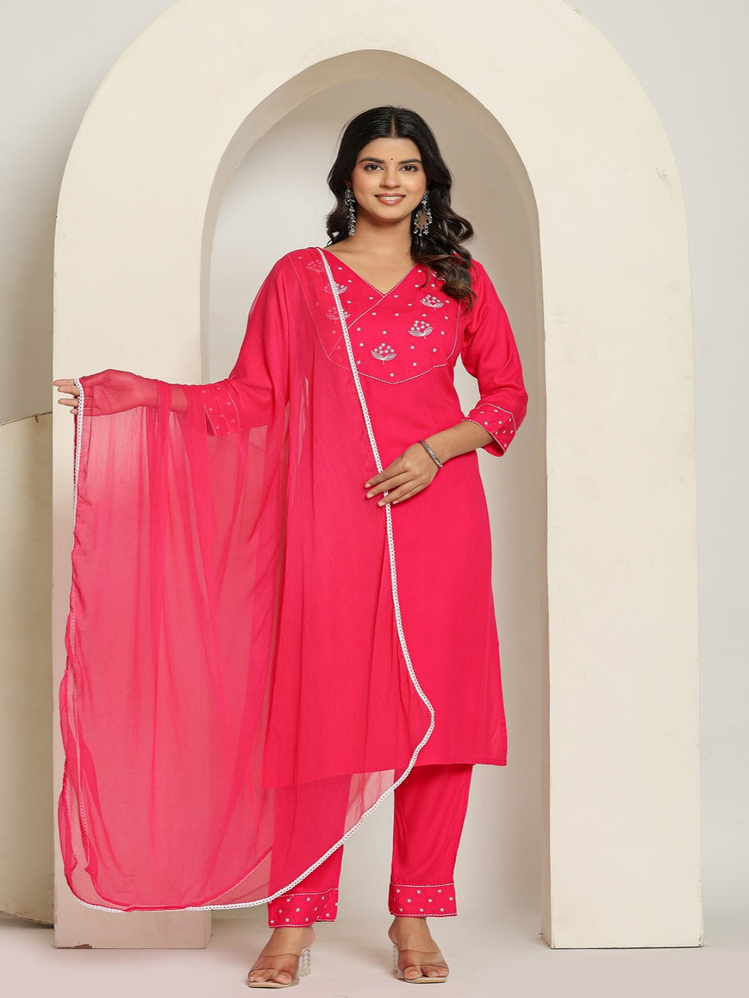 Pink Rayon Straight Kurta with Embroidered V- Nack and Pant with Dupatta 1st
