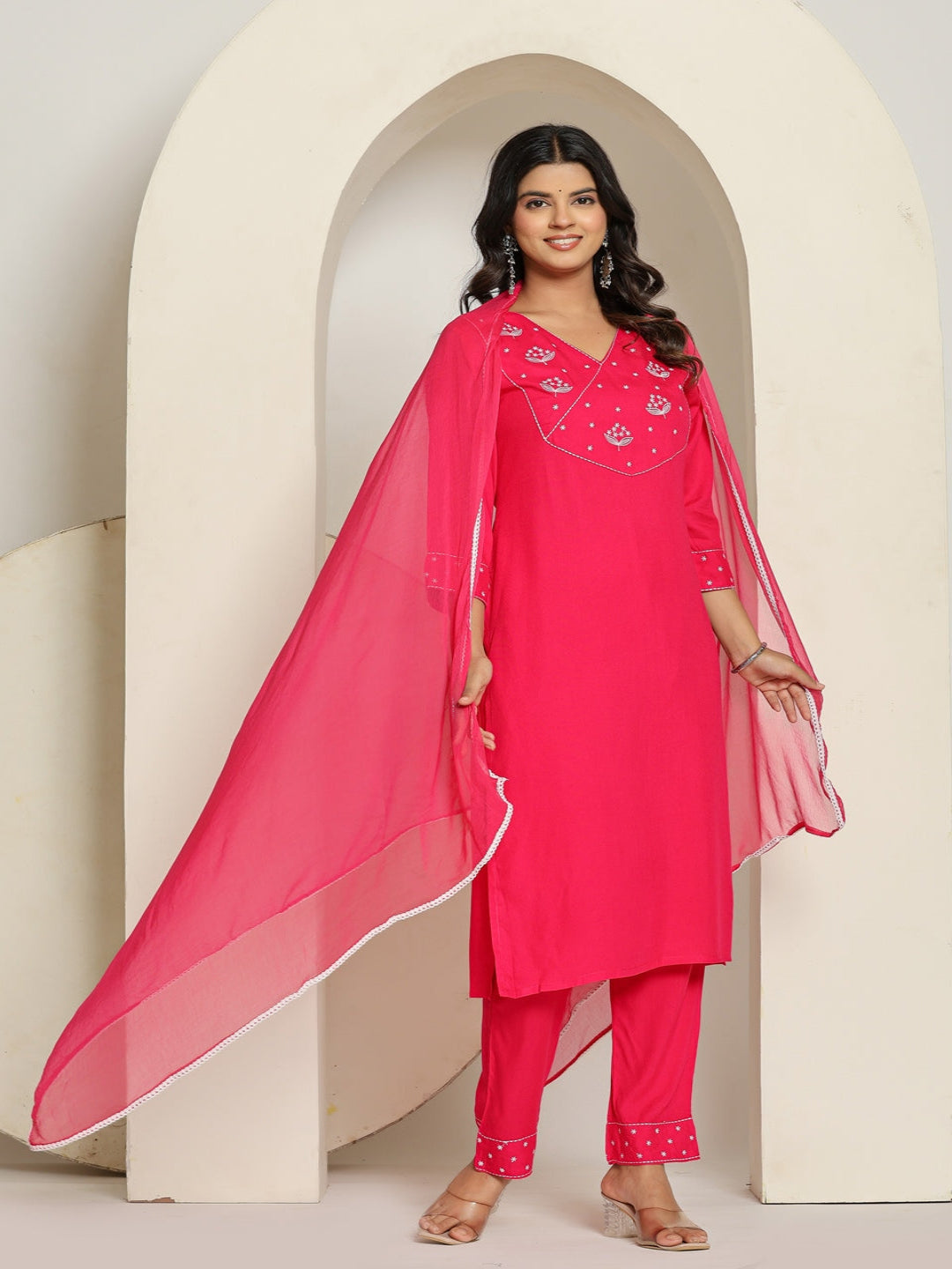 Pink Rayon Straight Kurta with Embroidered V- Nack and Pant with Dupatta 2nd
