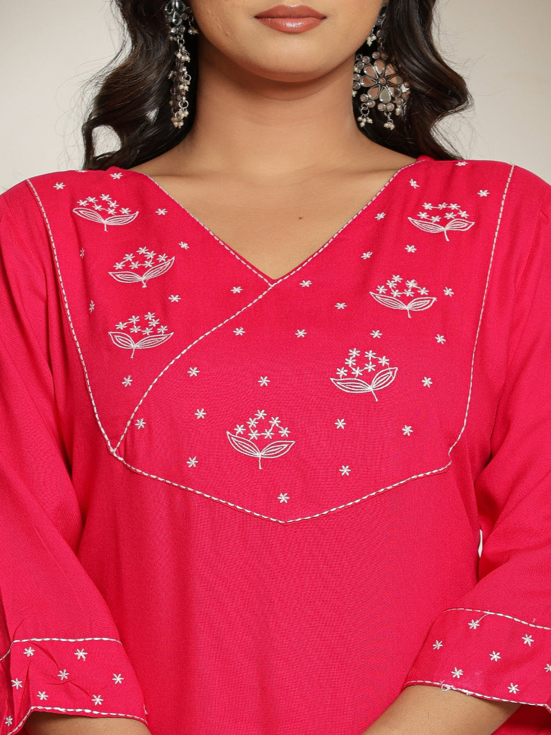 Pink Rayon Straight Kurta with Embroidered V- Nack and Pant with Dupatta 3rd