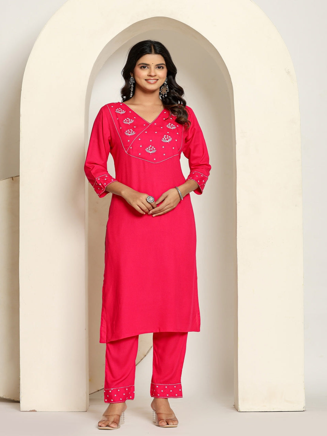 Pink Rayon Straight Kurta with Embroidered V- Nack and Pant with Dupatta 4th