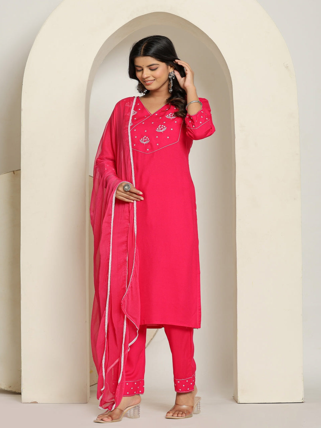 Pink Rayon Straight Kurta with Embroidered V- Nack and Pant with Dupatta 5th
