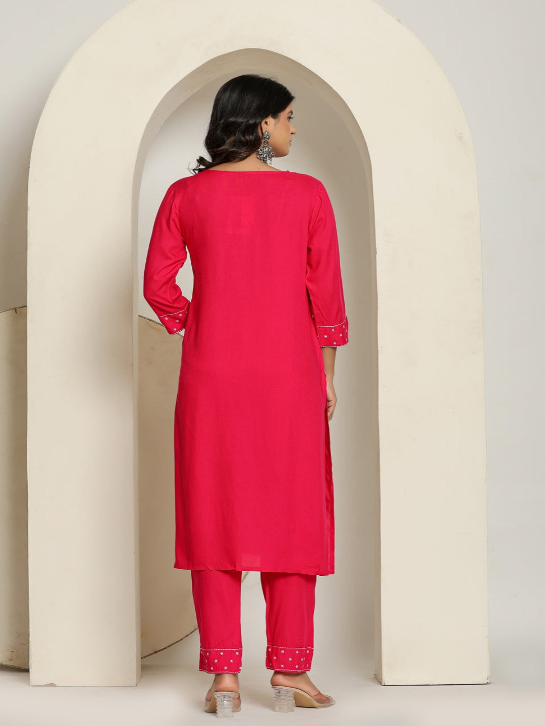 Pink Rayon Straight Kurta with Embroidered V- Nack and Pant with Dupatta 6th
