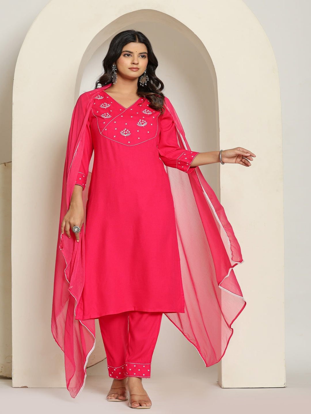 Pink Rayon Straight Kurta with Embroidered V- Nack and Pant with Dupatta 8th
