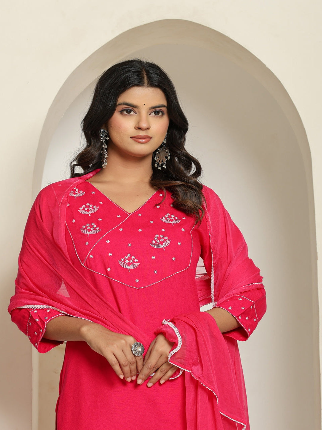 Pink Rayon Straight Kurta with Embroidered V- Nack and Pant with Dupatta 9th
