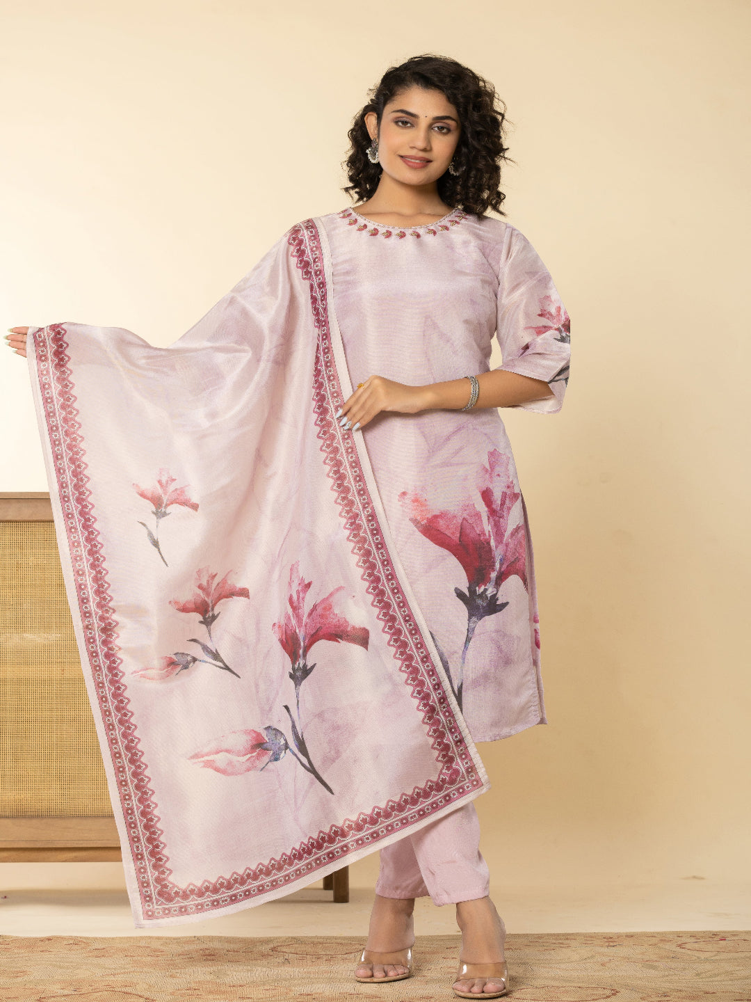 Pink Shimmer Straight Kurta with Embroidered Round Nack and Pant with Dupatta