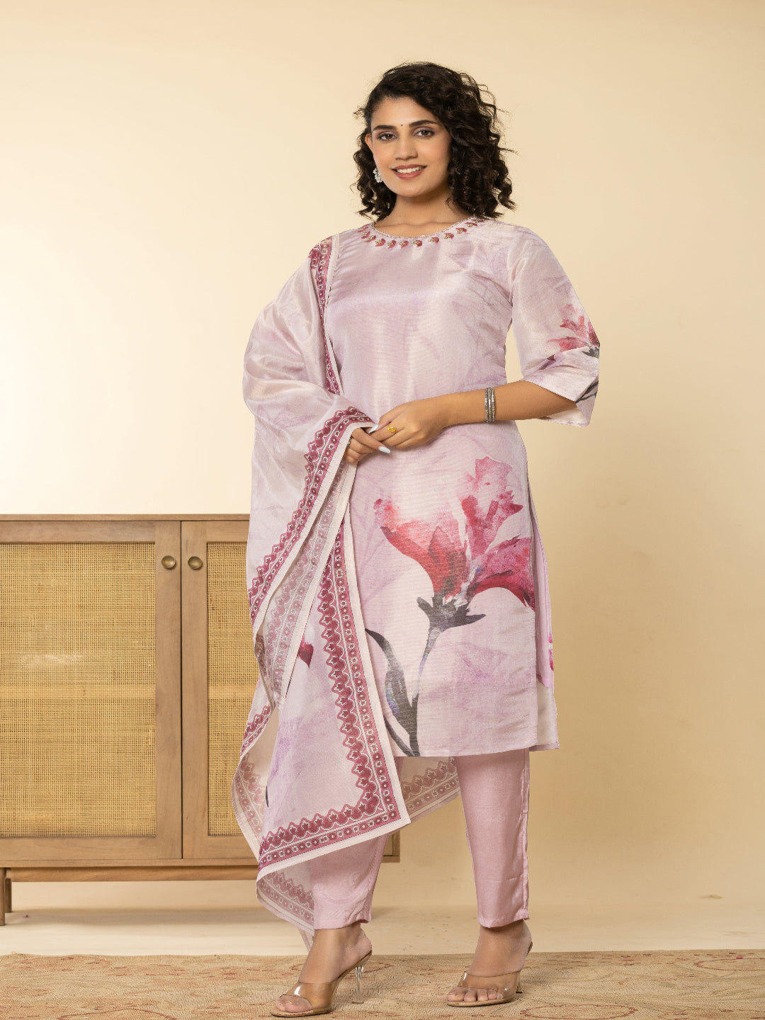 Pink Shimmer Straight Kurta with Embroidered Round Nack and Pant with Dupatta