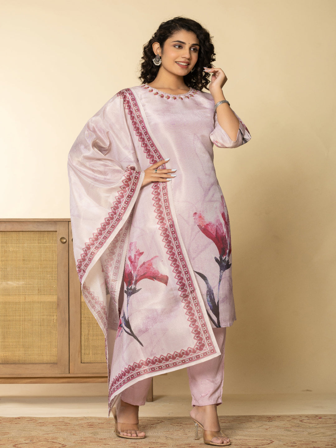 Pink Shimmer Straight Kurta with Embroidered Round Nack and Pant with Dupatta