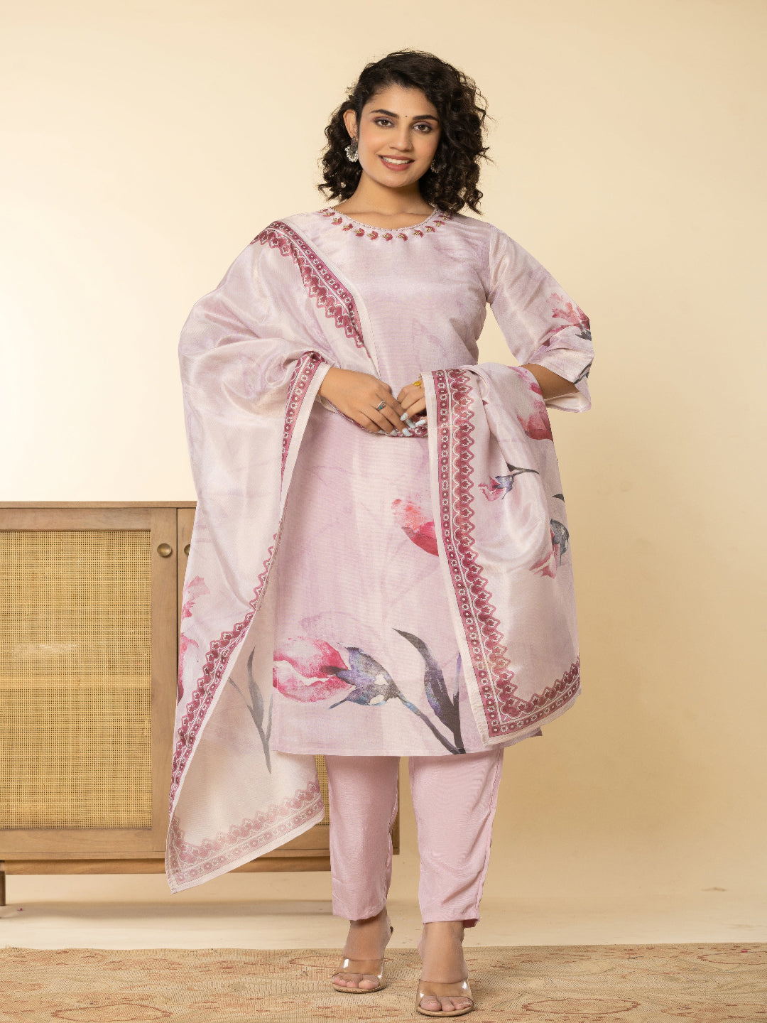 Pink Shimmer Straight Kurta with Embroidered Round Nack and Pant with Dupatta