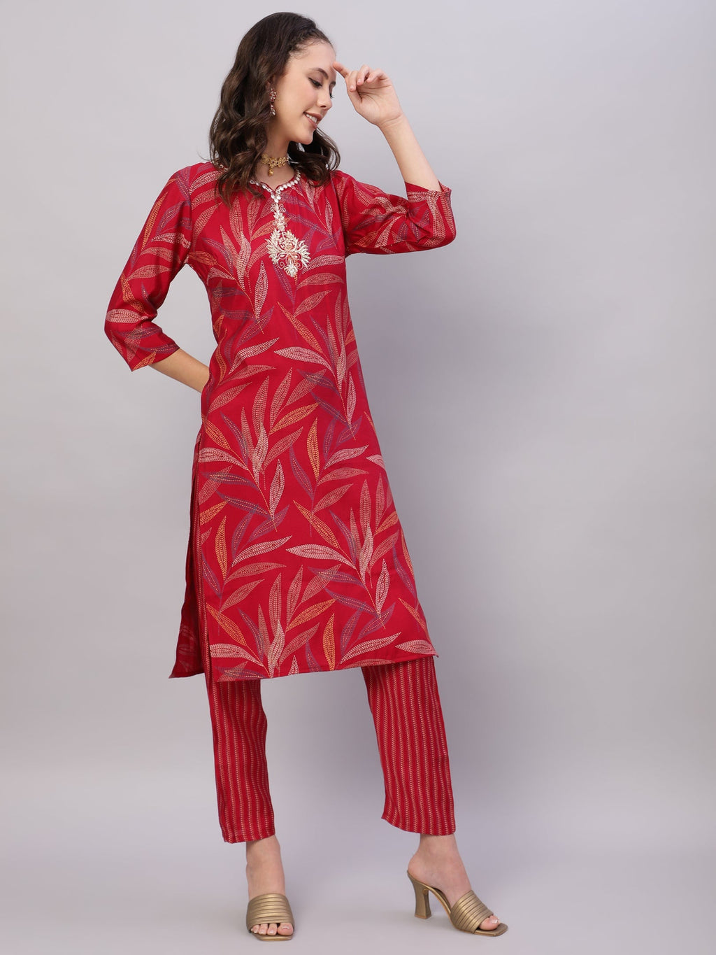 FLAMBOYANTTREND Red Ethnic Motifs Floral Print Kurta with Trousers & Dupatta By Flamboyant 3 pcs set kurta kurta set Pant Women kurta set