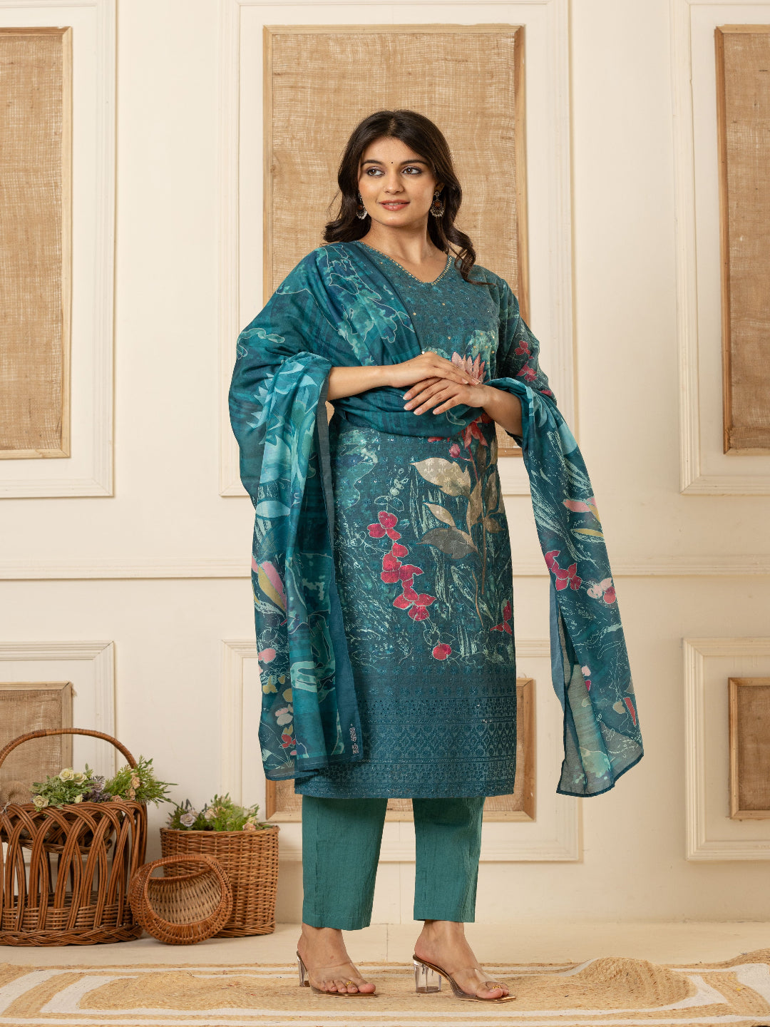Teal Blue Schiffli Straight Kurta with Embroidered V-Neck and Pant with Dupatta 2nd