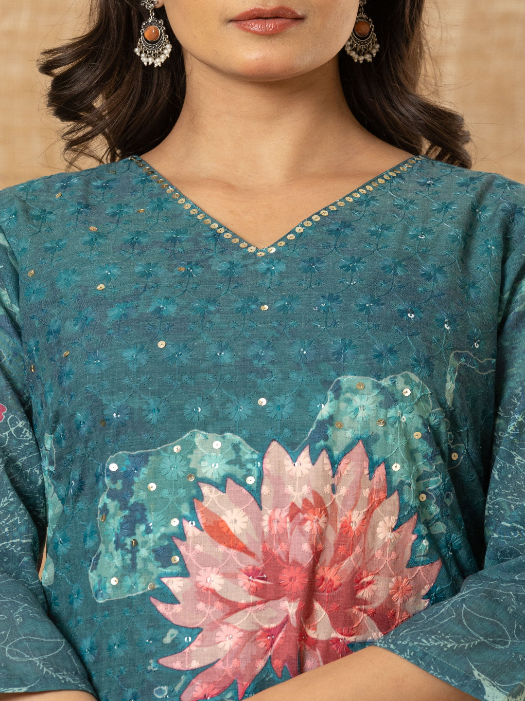 Teal Blue Schiffli Straight Kurta with Embroidered V-Neck and Pant with Dupatta 3rd