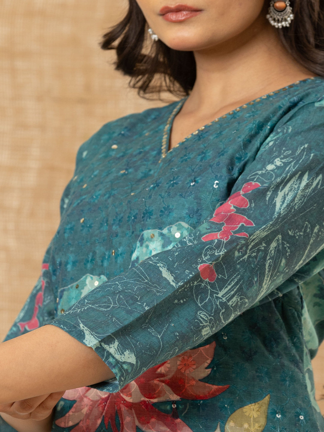 Teal Blue Schiffli Straight Kurta with Embroidered V-Neck and Pant with Dupatta 4th