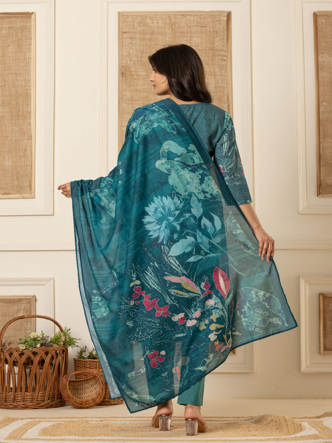 Teal Blue Schiffli Straight Kurta with Embroidered V-Neck and Pant with Dupatta 5th