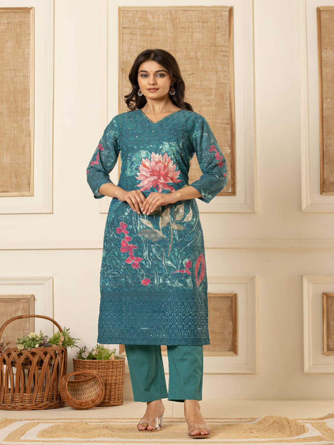 Teal Blue Schiffli Straight Kurta with Embroidered V-Neck and Pant with Dupatta 6th