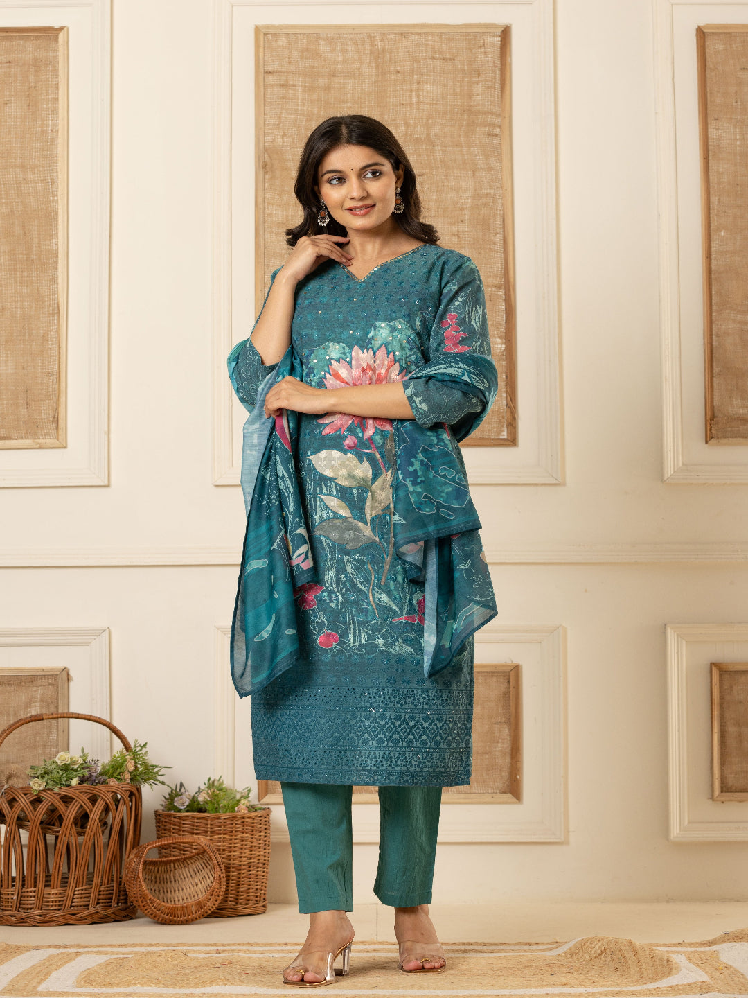 Teal Blue Schiffli Straight Kurta with Embroidered V-Neck and Pant with Dupatta 8th