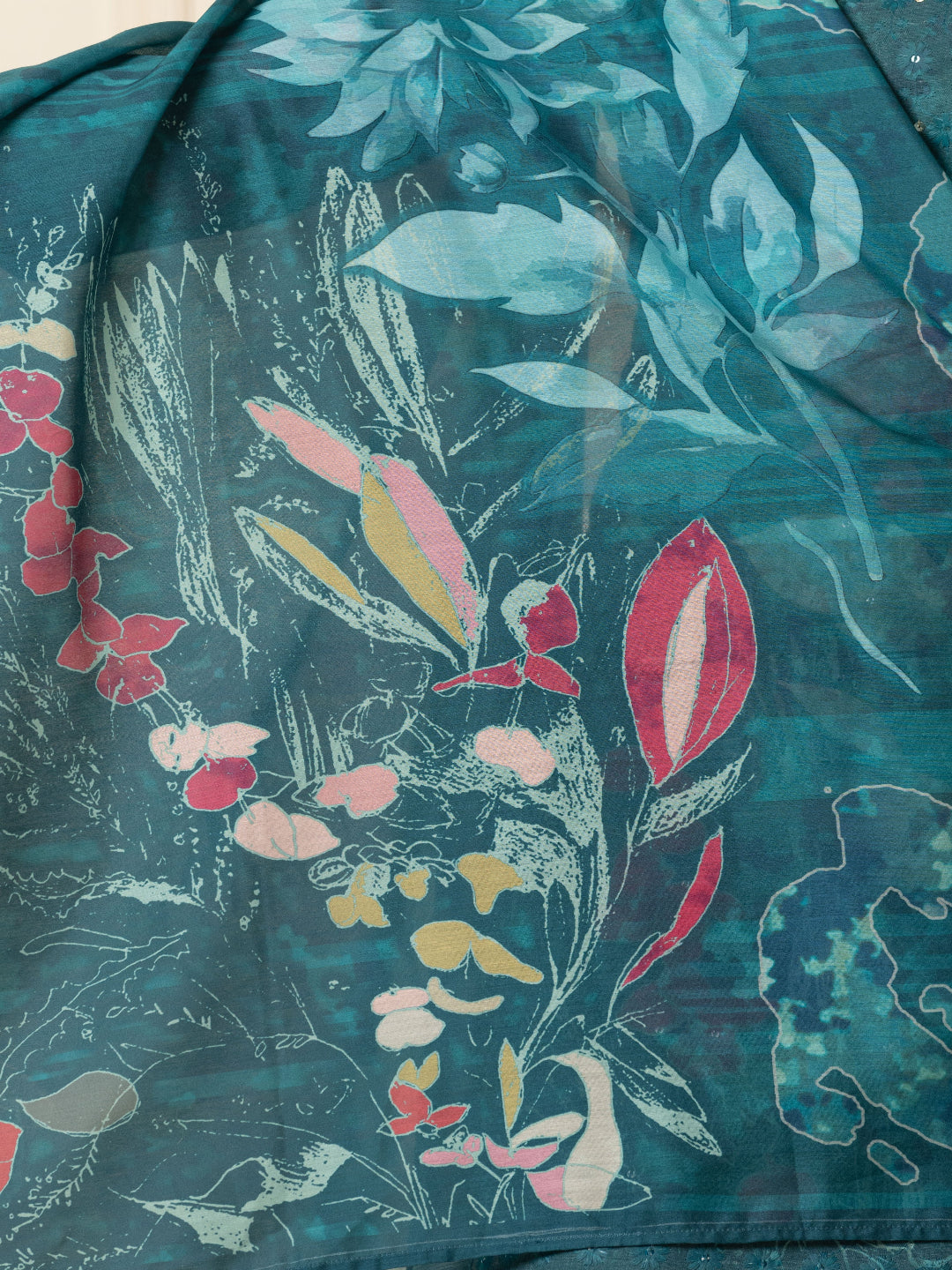 Teal Blue Schiffli Straight Kurta with Embroidered V-Neck and Pant with Dupatta 9th