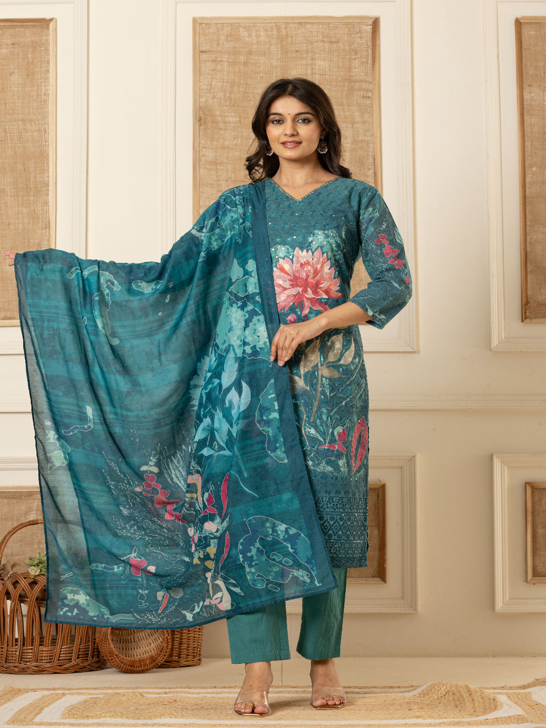 Teal Blue Schiffli Straight Kurta with Embroidered V-Neck and Pant with Dupatta Full Image