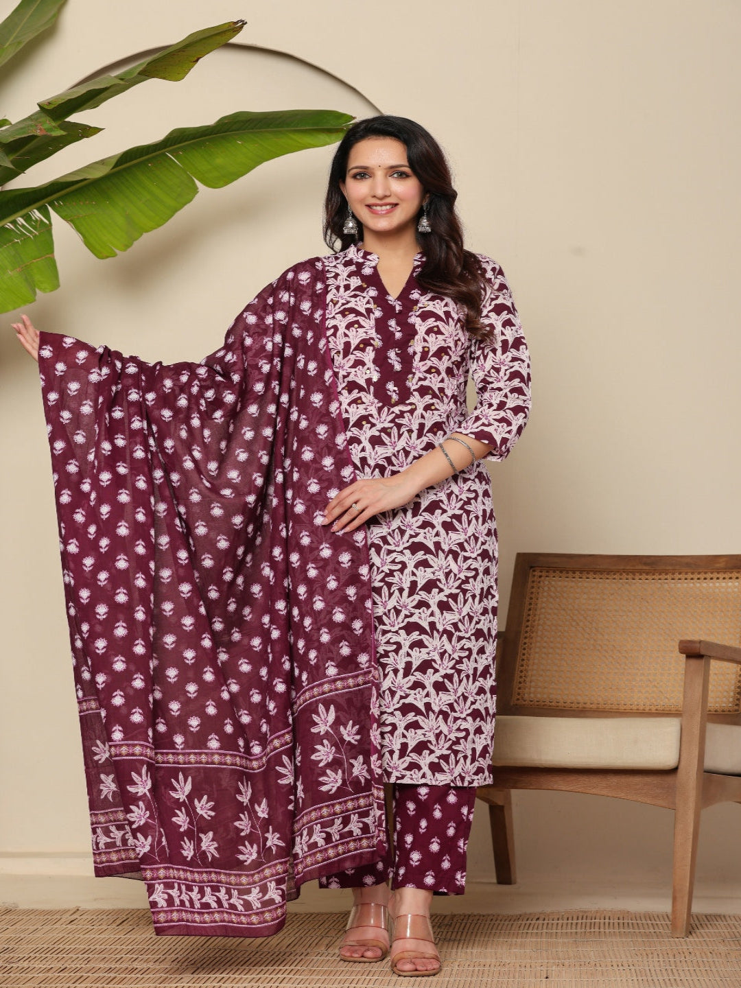 Flamboyant Wine Flowrel Women Printed Regular Pure Cotton Kurta With Trousers & Dupatta 1st