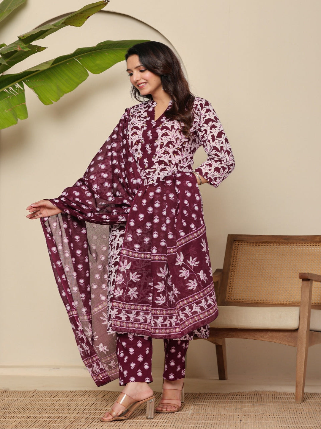 Flamboyant Wine Flowrel Women Printed Regular Pure Cotton Kurta With Trousers & Dupatta 2nd