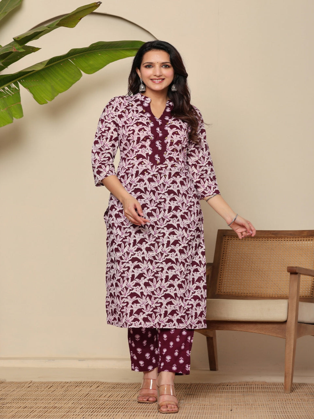 Flamboyant Wine Flowrel Women Printed Regular Pure Cotton Kurta With Trousers & Dupatta 5th