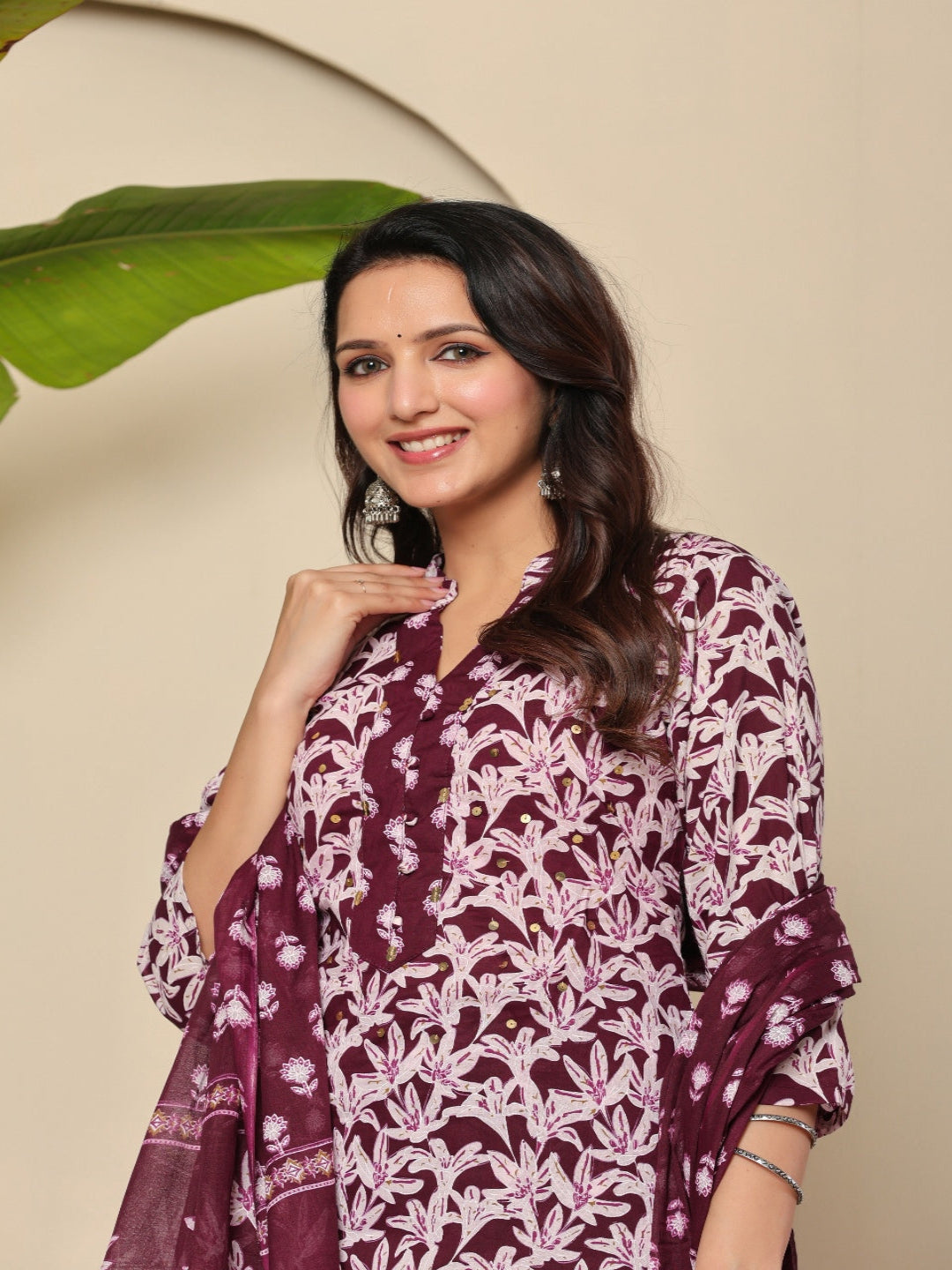 Flamboyant Wine Flowrel Women Printed Regular Pure Cotton Kurta With Trousers & Dupatta 6th