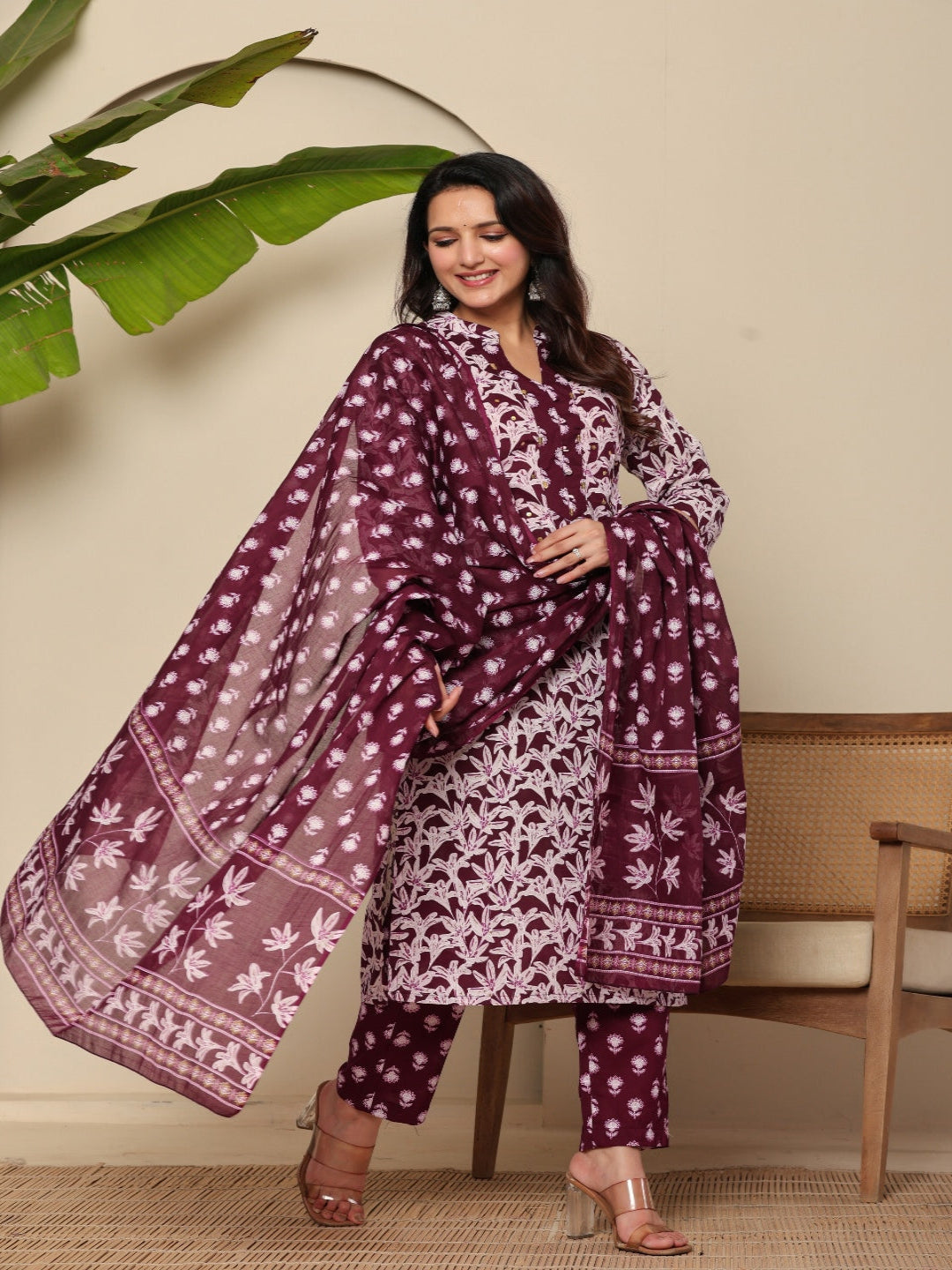 Flamboyant Wine Flowrel Women Printed Regular Pure Cotton Kurta With Trousers & Dupatta 7th