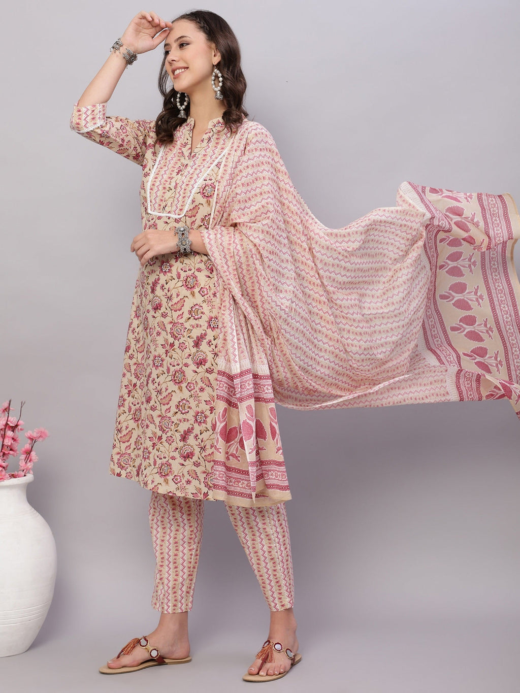 FLAMBOYANTTREND Women Beige Ethnic Motifs Floral Print Kurta with Trousers & Dupatta By Flamboyant 3 pcs set kurta kurta set Pant Women kurta set