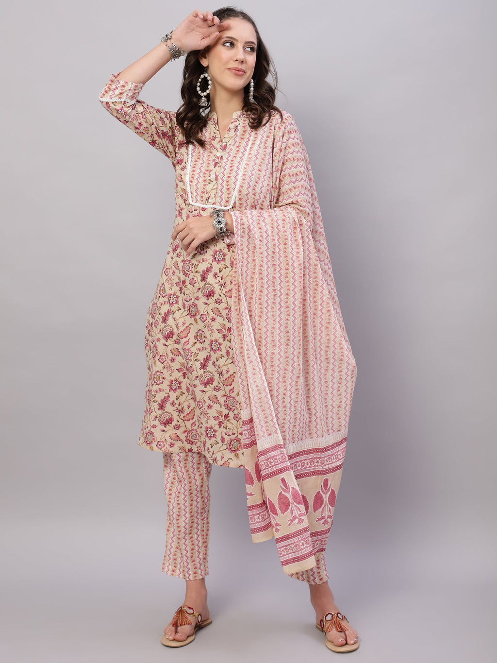 FLAMBOYANTTREND Women Beige Ethnic Motifs Floral Print Kurta with Trousers & Dupatta By Flamboyant 3 pcs set kurta kurta set Pant Women kurta set