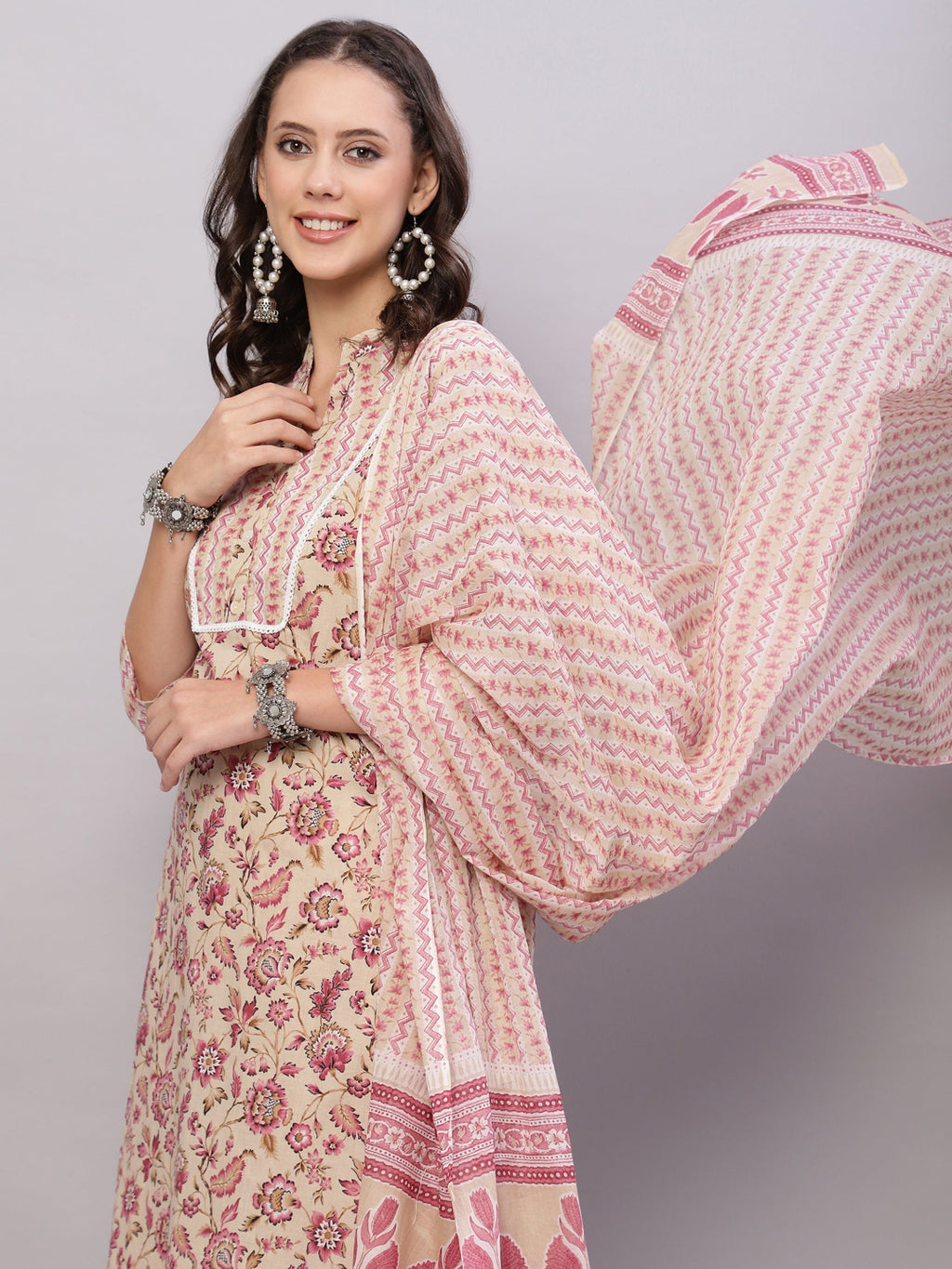 FLAMBOYANTTREND Women Beige Ethnic Motifs Floral Print Kurta with Trousers & Dupatta By Flamboyant 3 pcs set kurta kurta set Pant Women kurta set