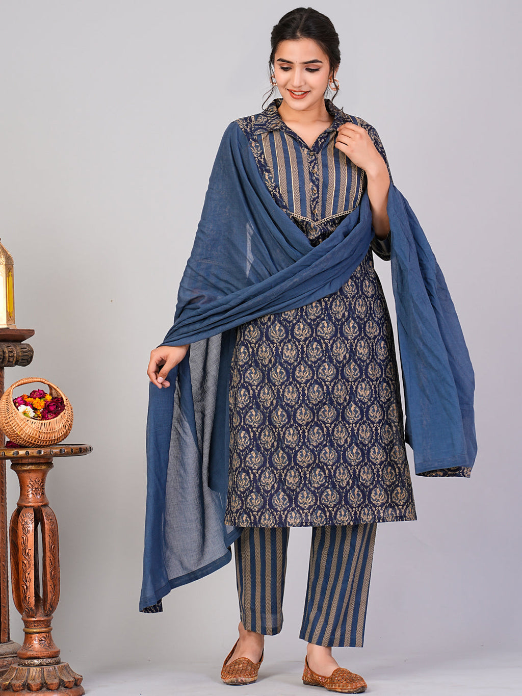  Flamboyant Women Blue Ethnic Motifs Floral Print Kurta with Trousers & Dupatta By Flamboyant 3 pcs set kurta set Pant Women kurta set