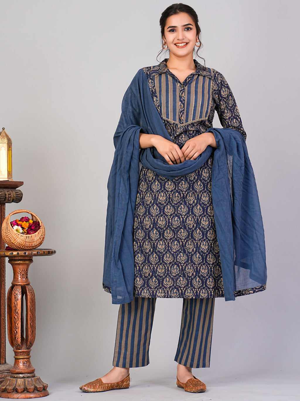  Flamboyant Women Blue Ethnic Motifs Floral Print Kurta with Trousers & Dupatta By Flamboyant 3 pcs set kurta set Pant Women kurta set