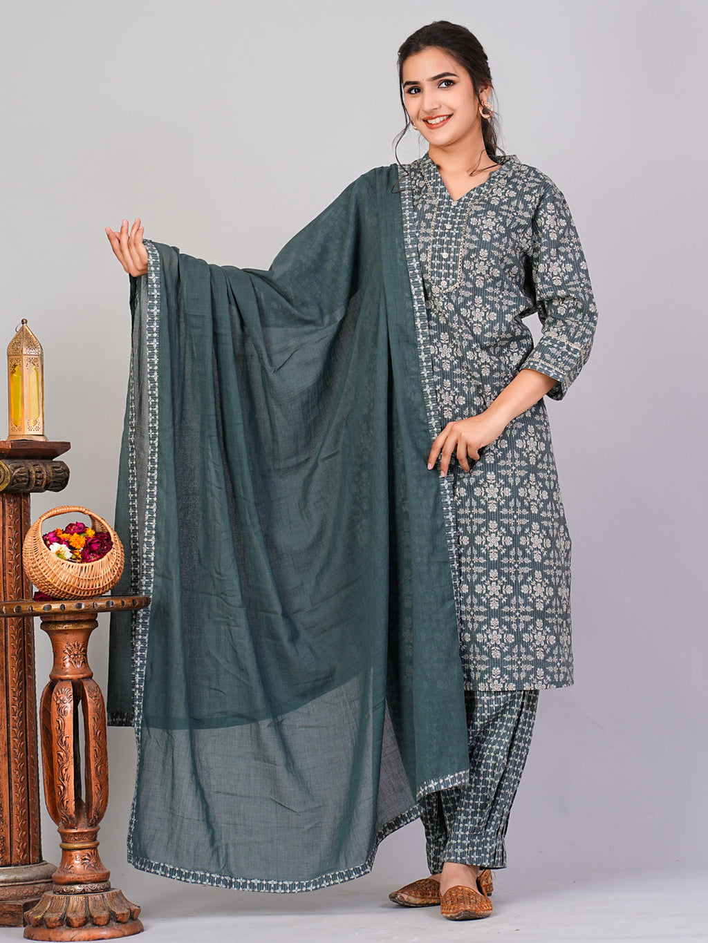  Flamboyant Women Green Ethnic Motifs Floral Print Kurta with Trousers & Dupatta By Flamboyant 3 pcs set kurta kurta set Pant Women kurta set