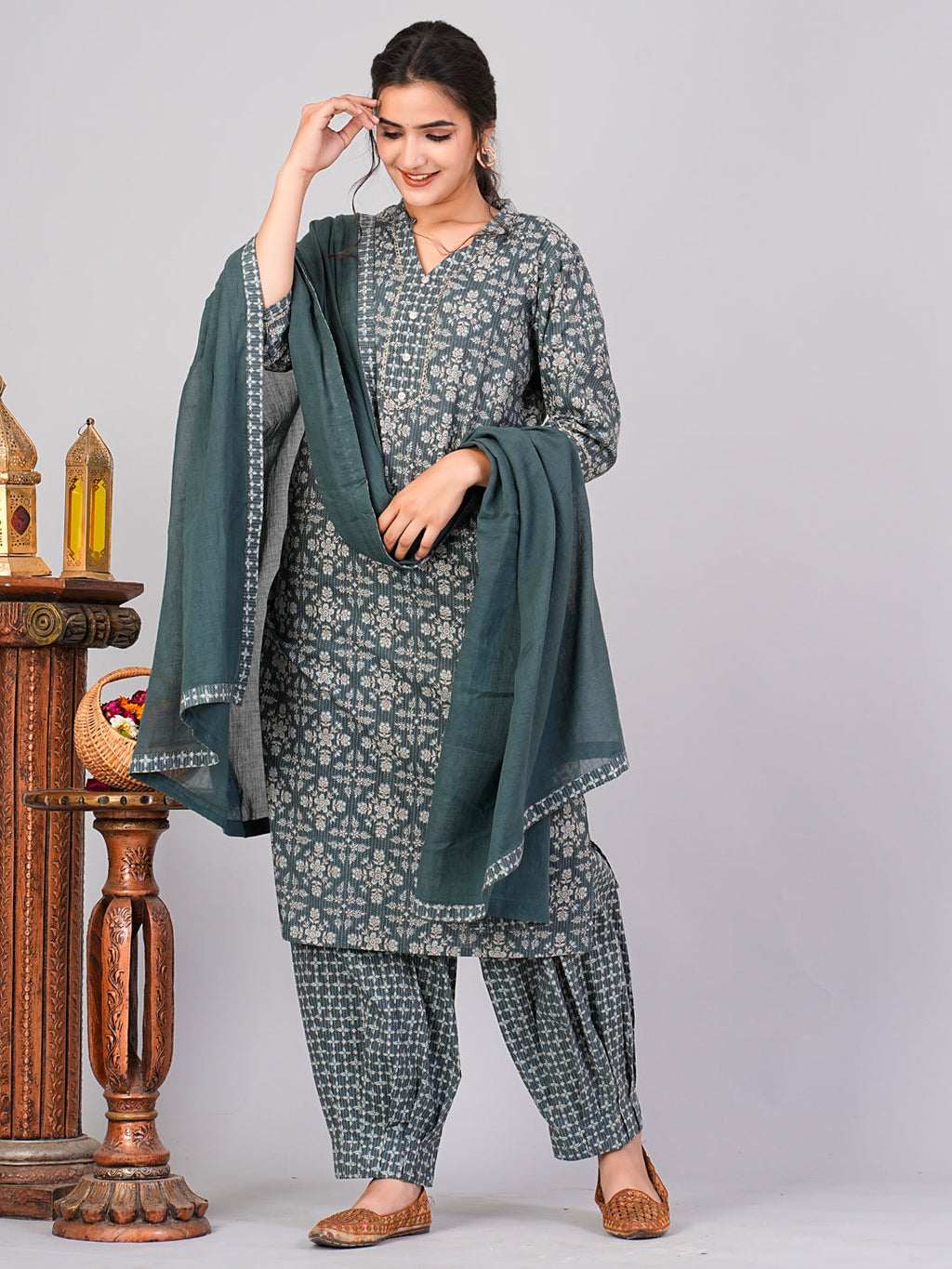 Flamboyant Women Green Ethnic Motifs Floral Print Kurta with Trousers & Dupatta By Flamboyant 3 pcs set kurta kurta set Pant Women kurta set