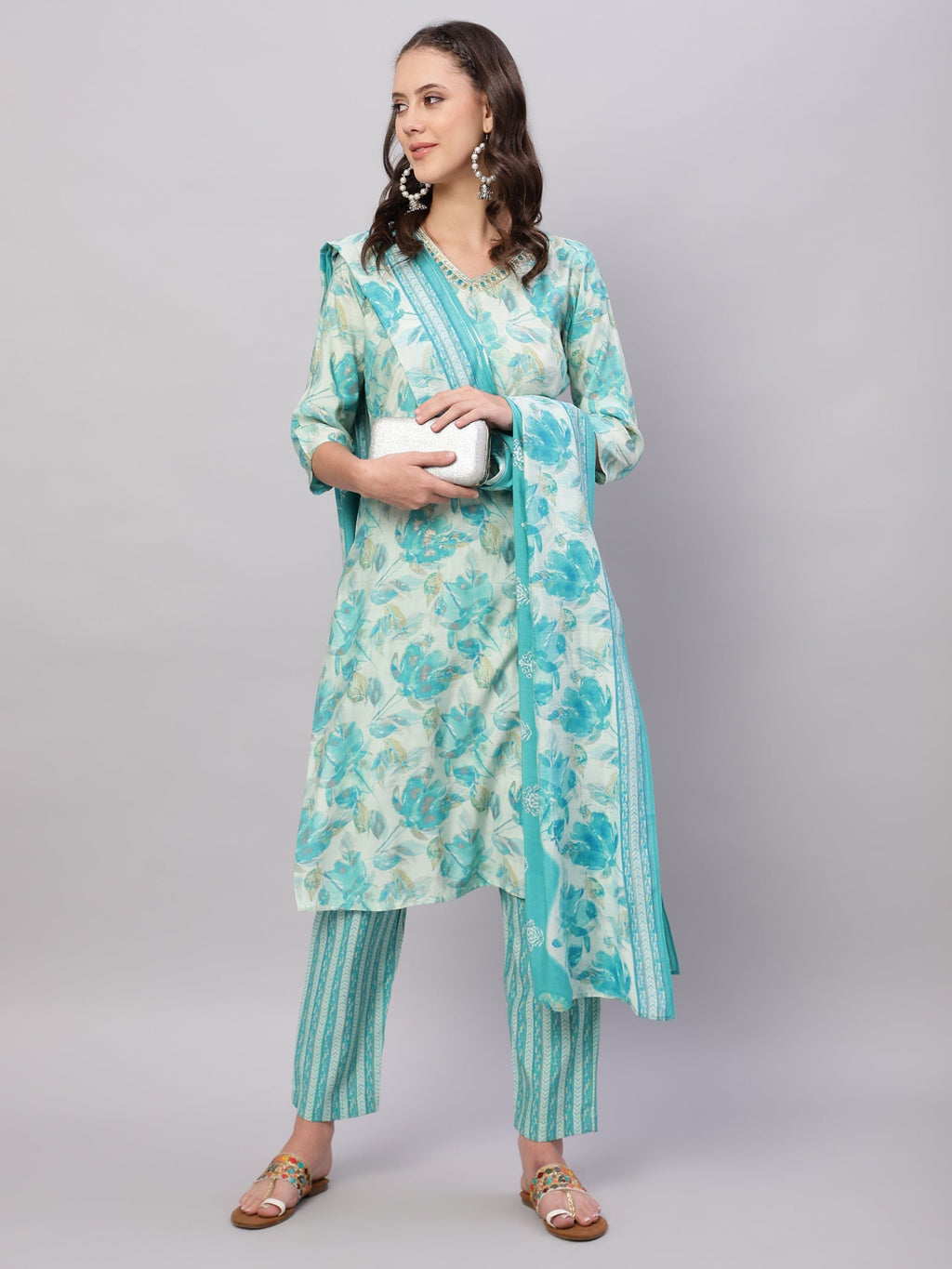 FLAMBOYANTTREND Women Sky Blue Ethnic Motifs Floral Print Kurta with Trousers & Dupatta By Flamboyant 3 pcs set kurta kurta set Pant Women kurta set