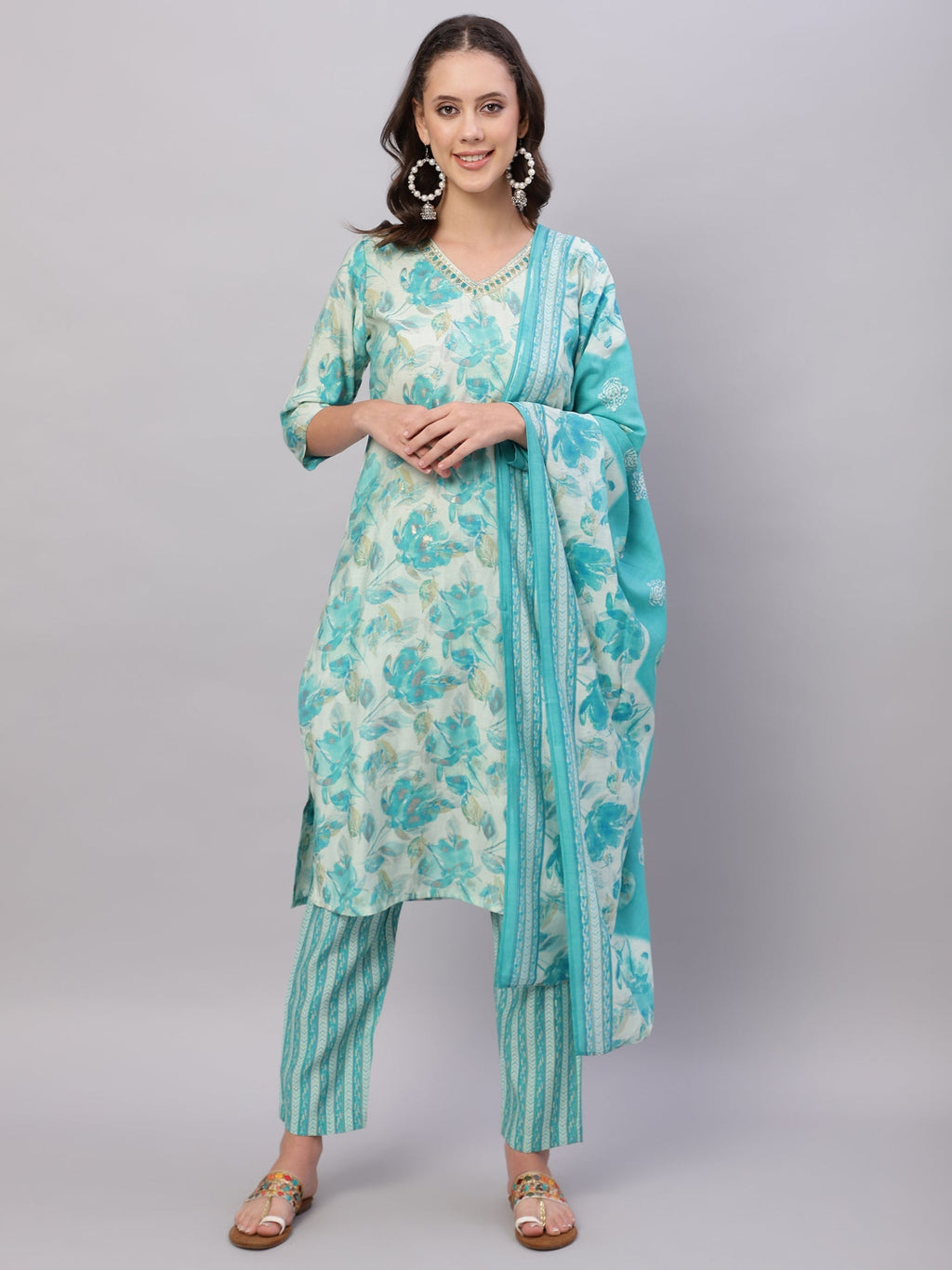 FLAMBOYANTTREND Women Sky Blue Ethnic Motifs Floral Print Kurta with Trousers & Dupatta By Flamboyant 3 pcs set kurta kurta set Pant Women kurta set