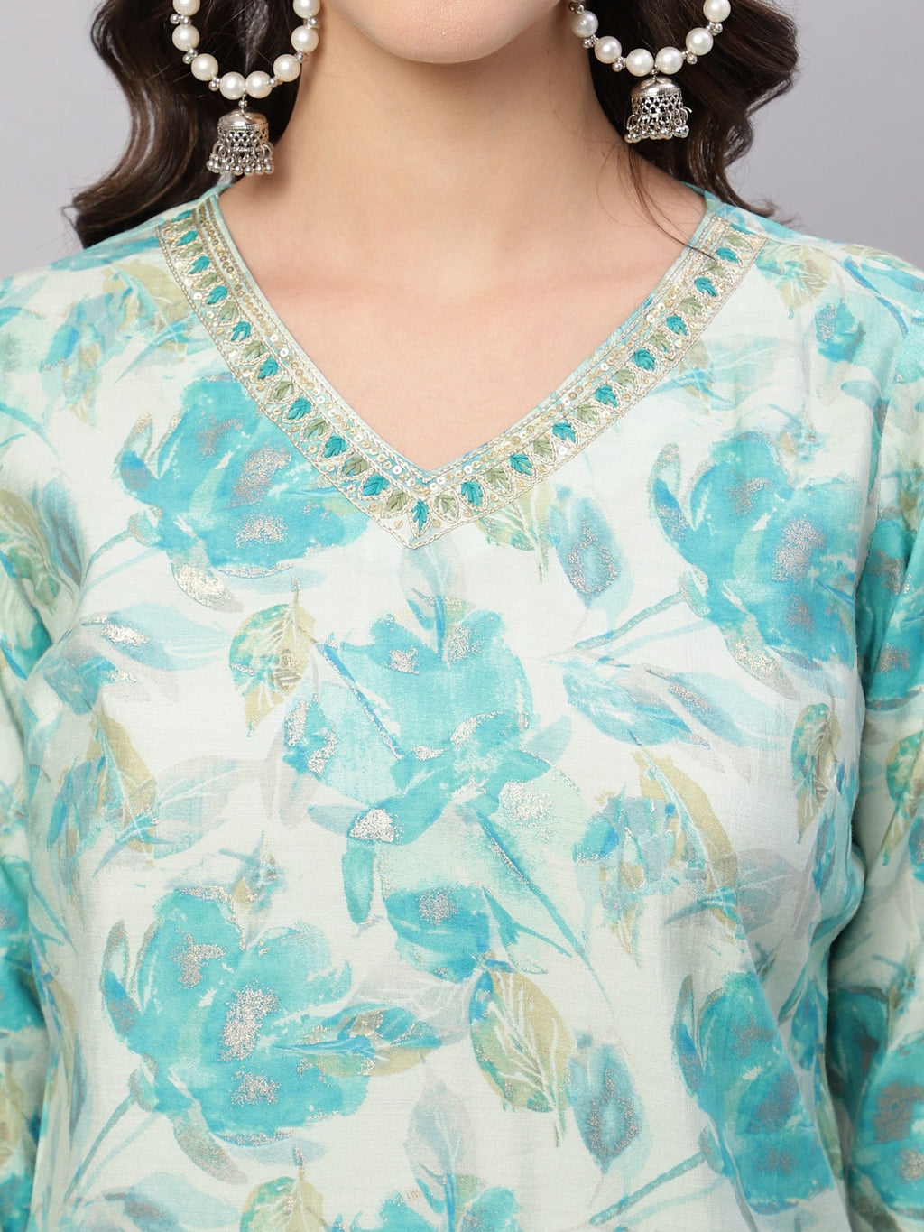 FLAMBOYANTTREND Women Sky Blue Ethnic Motifs Floral Print Kurta with Trousers & Dupatta By Flamboyant 3 pcs set kurta kurta set Pant Women kurta set