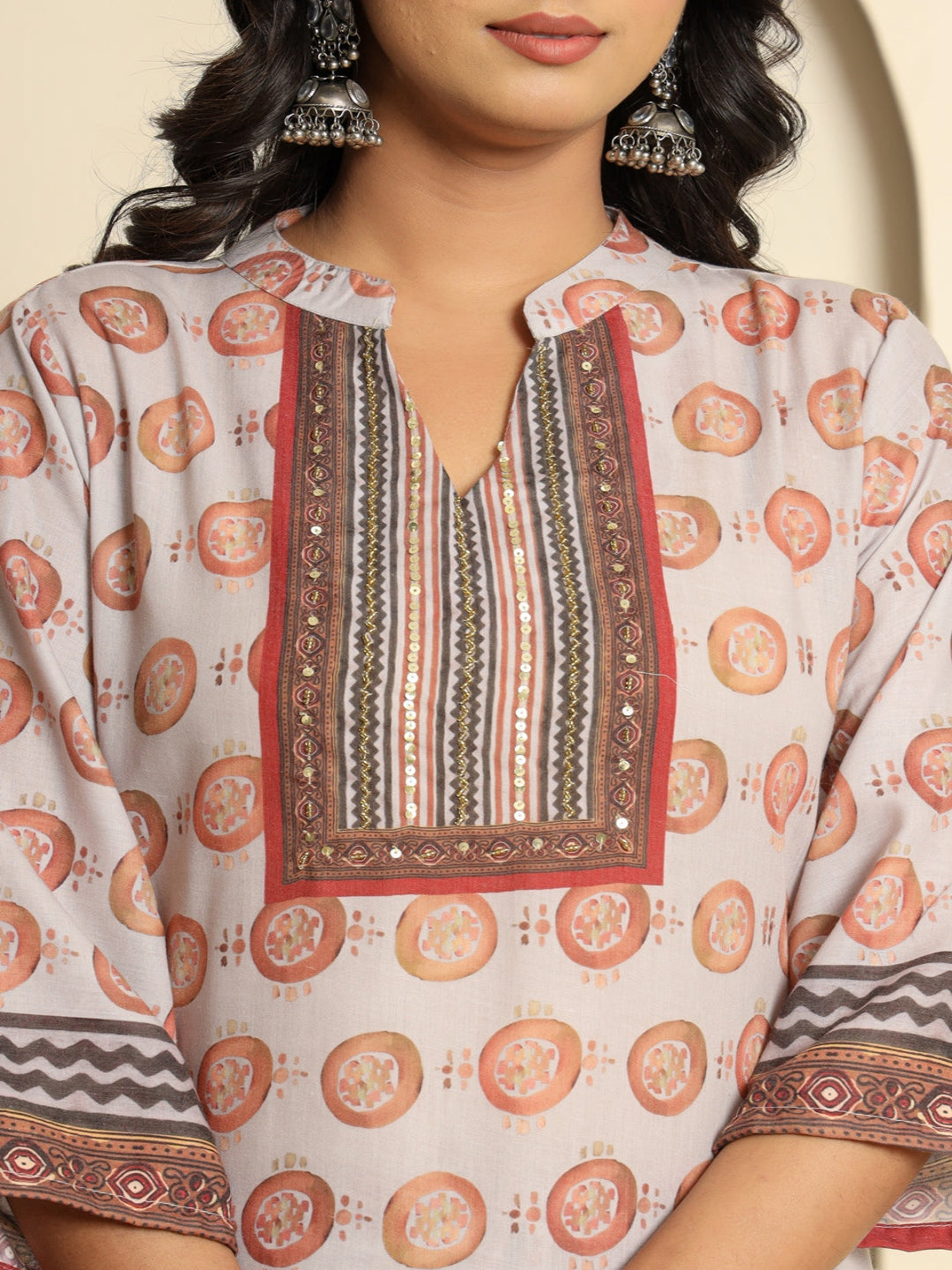 Women Printed Peach Regular Pure Cotton Kurta With Trousers & Dupatta