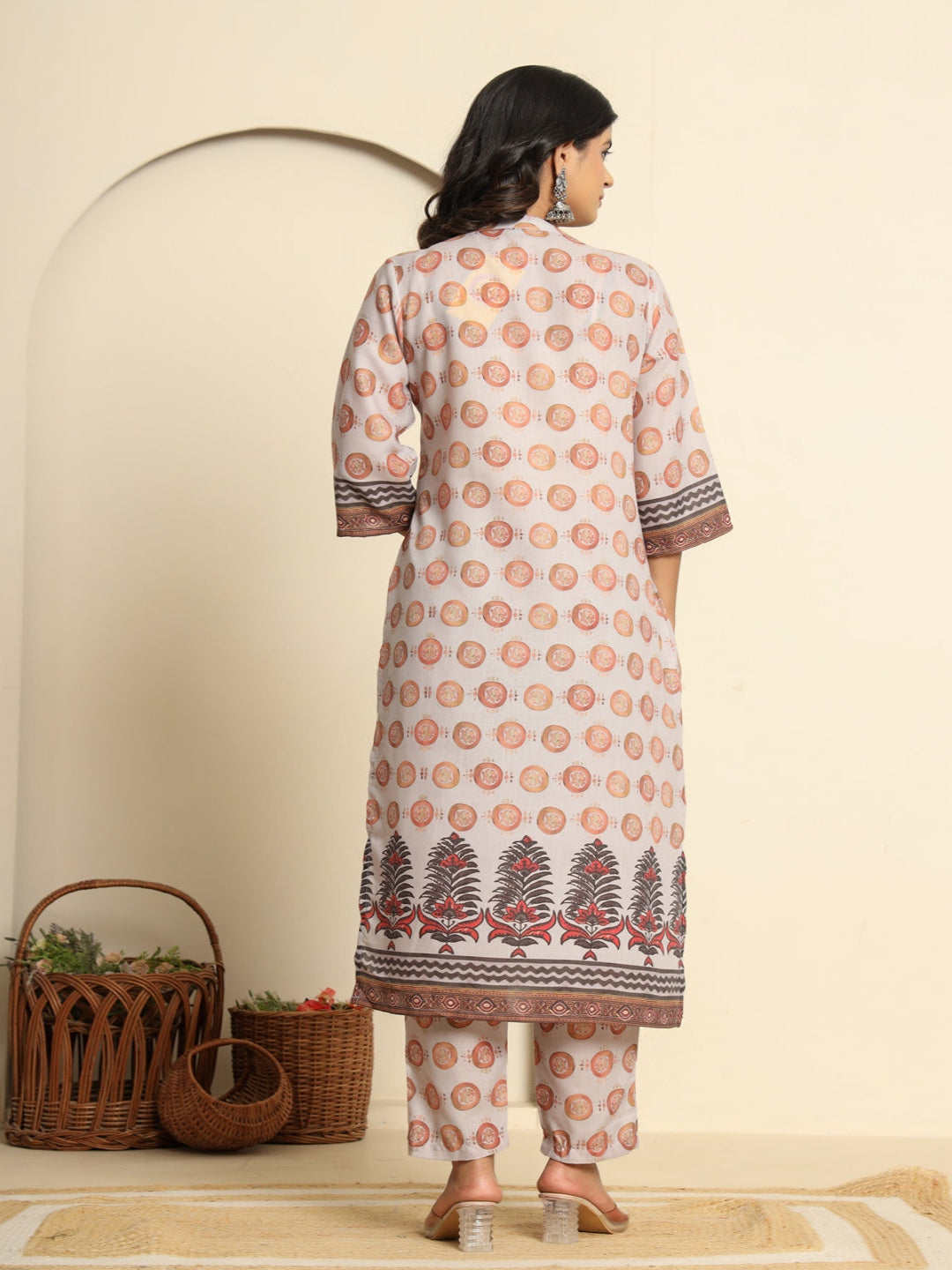 Women Printed Peach Regular Pure Cotton Kurta With Trousers & Dupatta
