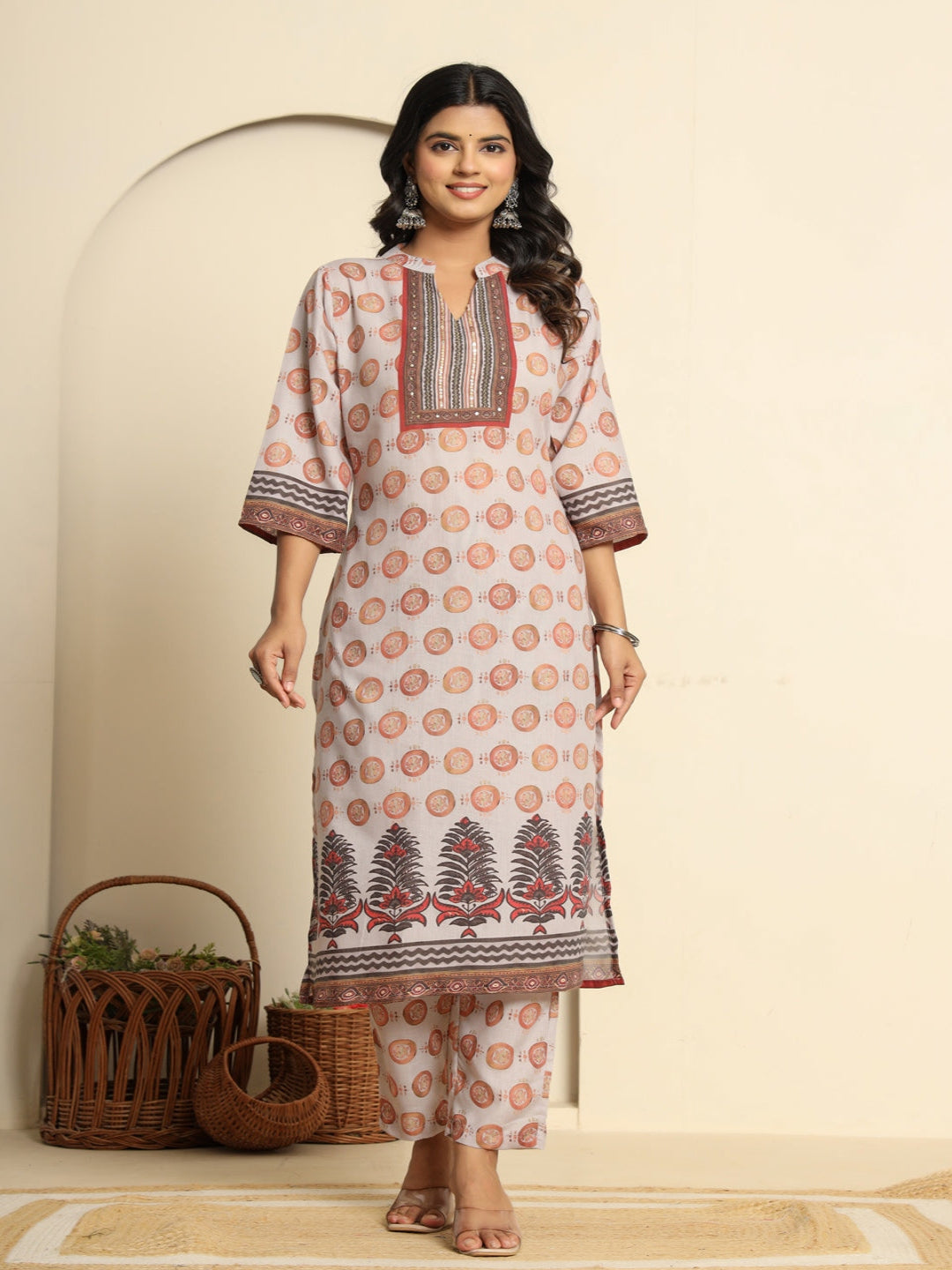 Women Printed Peach Regular Pure Cotton Kurta With Trousers & Dupatta