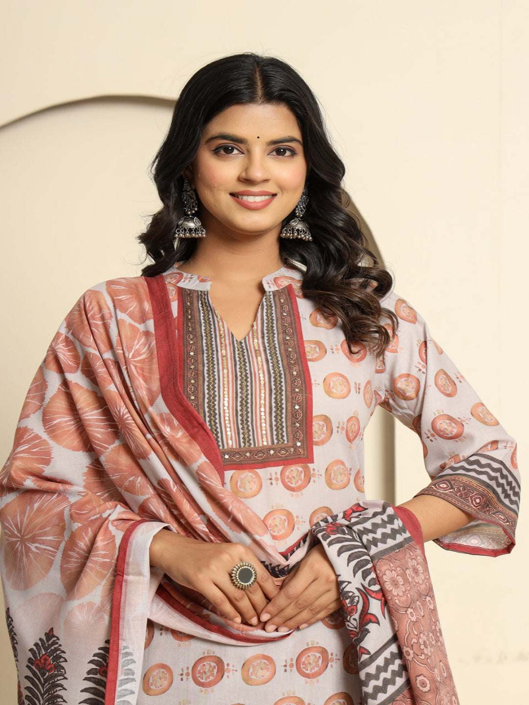 Women Printed Peach Regular Pure Cotton Kurta With Trousers & Dupatta